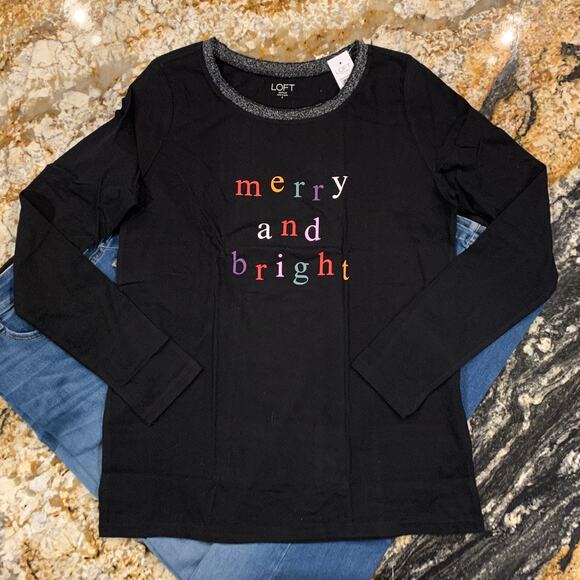 NWT LOFT Black W/Christmas Merry and Bright Graphic Long Sleeve Tee - Picture 2 of 10